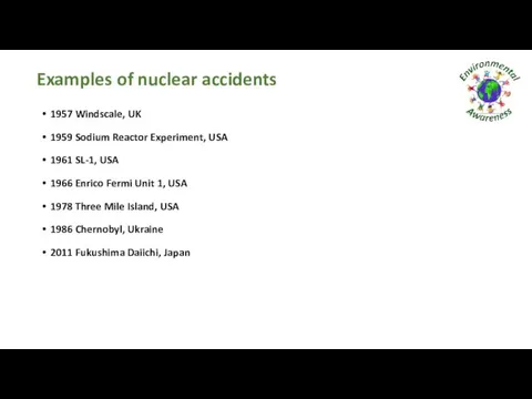 Examples of nuclear accidents 1957 Windscale, UK 1959 Sodium Reactor