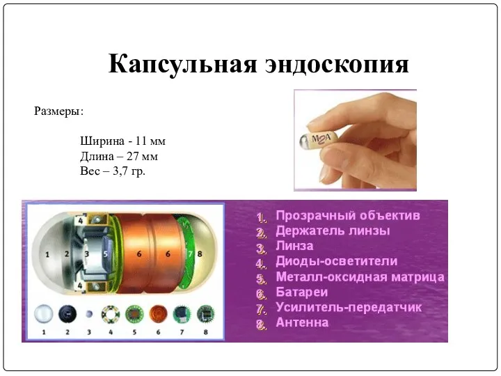 Капсульная эндоскопия Размеры: Ширина - 11 мм Длина – 27 мм Вес – 3,7 гр.