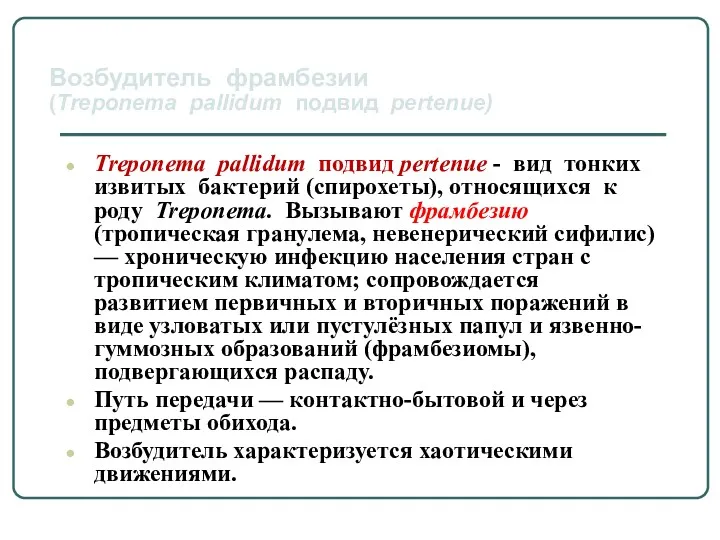 Treponema pallidum подвид pertenue - вид тонких извитых бактерий (спирохеты),