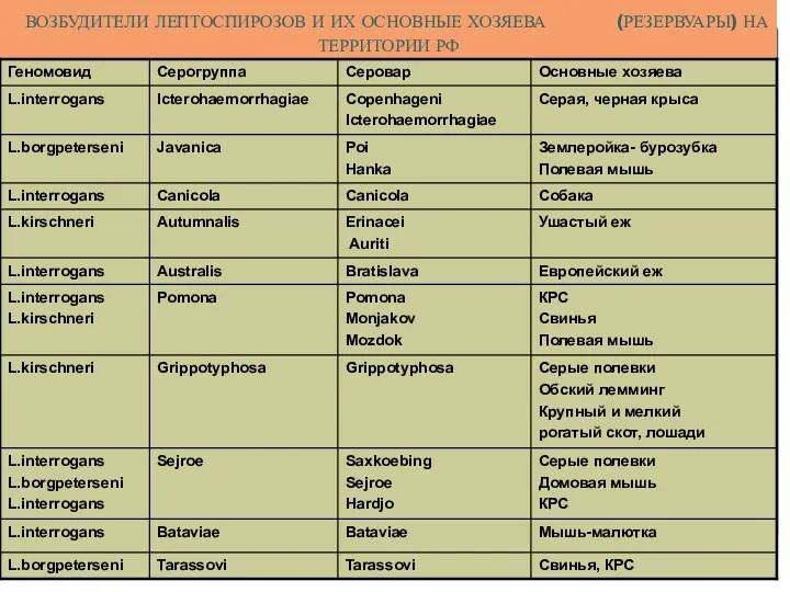 ВОЗБУДИТЕЛИ ЛЕПТОСПИРОЗОВ И ИХ ОСНОВНЫЕ ХОЗЯЕВА (РЕЗЕРВУАРЫ) НА ТЕРРИТОРИИ РФ