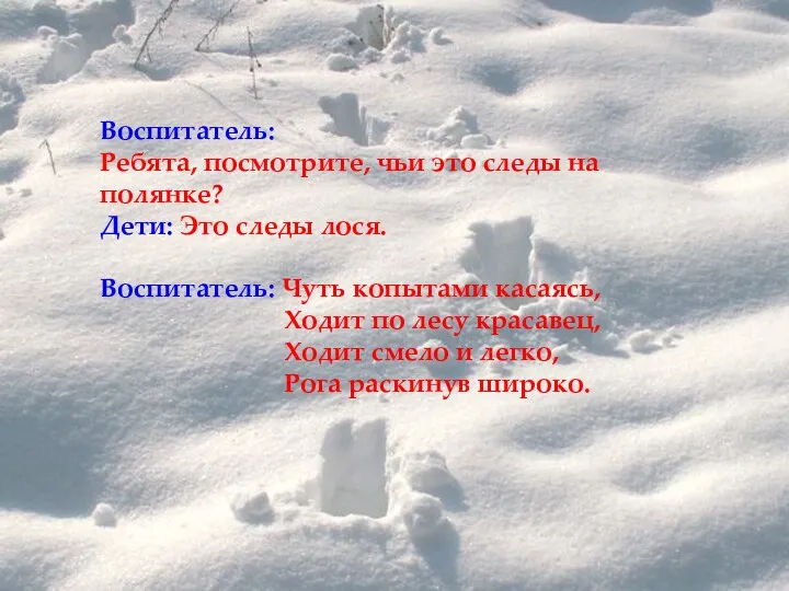 Воспитатель: Ребята, посмотрите, чьи это следы на полянке? Дети: Это