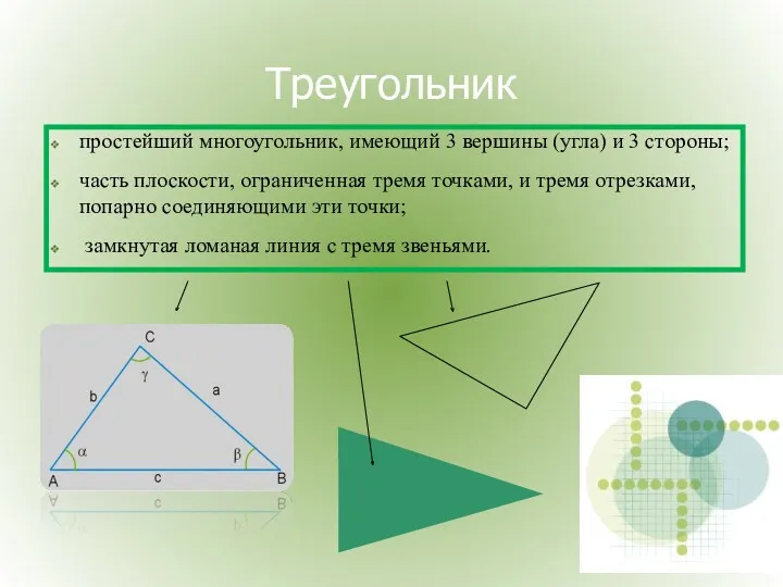 простейший многоугольник, имеющий 3 вершины (угла) и 3 стороны; часть
