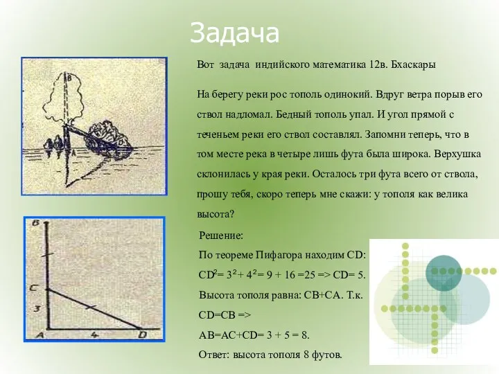 Вот задача индийского математика 12в. Бхаскары На берегу реки рос