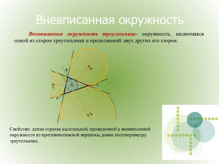 Вневписанная окружность Вневписанная окружность треугольника- окружность, касающаяся одной из сторон
