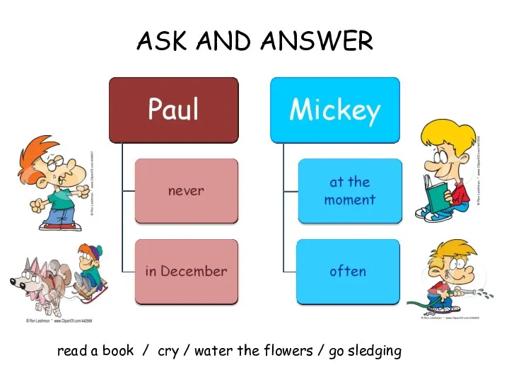 ASK AND ANSWER read a book / cry / water the flowers / go sledging