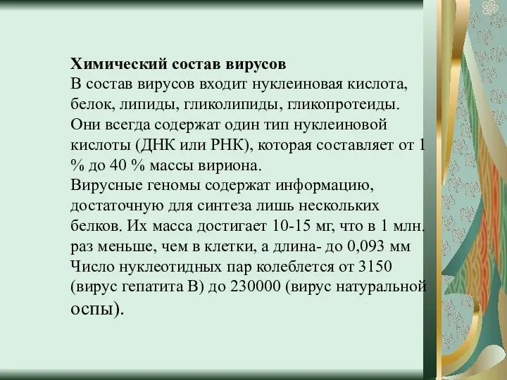 Химический состав вирусов В состав вирусов входит нуклеиновая кислота, белок,