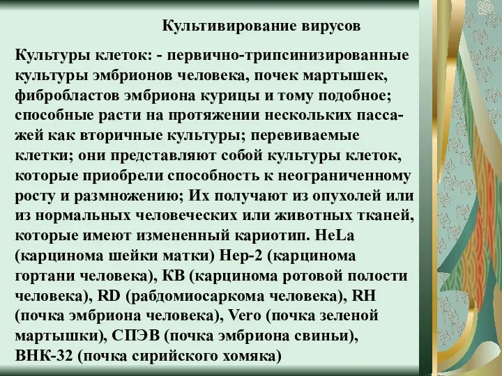 Культивирование вирусов Культуры клеток: - первично-трипсинизированные культуры эмбрионов человека, почек