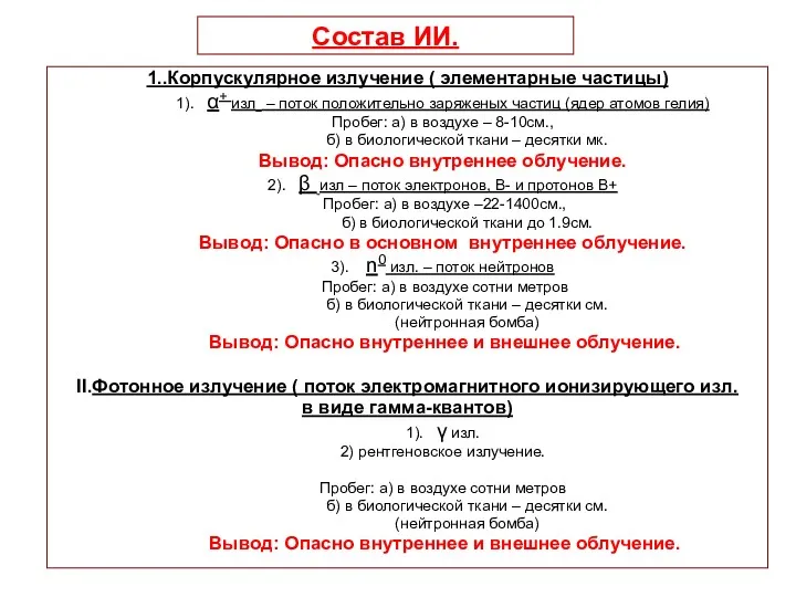 Состав ИИ. 1..Корпускулярное излучение ( элементарные частицы) 1). α+ изл