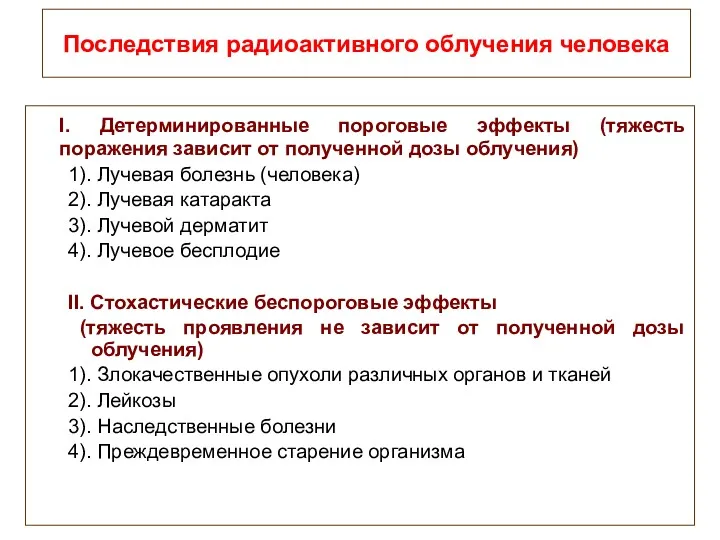 Последствия радиоактивного облучения человека I. Детерминированные пороговые эффекты (тяжесть поражения