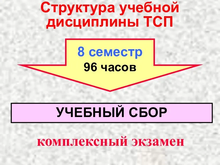 Структура учебной дисциплины ТСП 8 семестр 96 часов УЧЕБНЫЙ СБОР комплексный экзамен