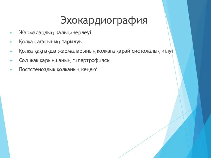 Эхокардиография Жармалардың кальцинерлеуі Қолқа сағасының тарылуы Қолқа қақпақша жармаларының қолқаға