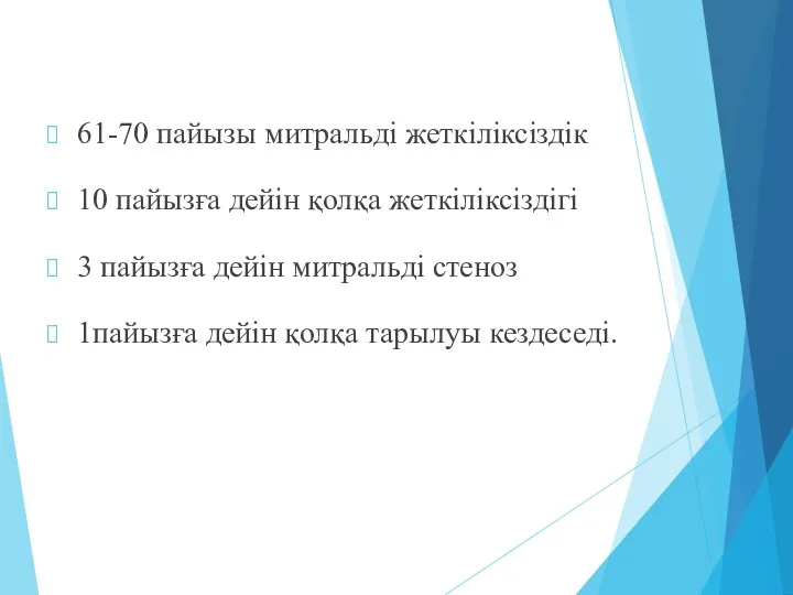 61-70 пайызы митральді жеткіліксіздік 10 пайызға дейін қолқа жеткіліксіздігі 3