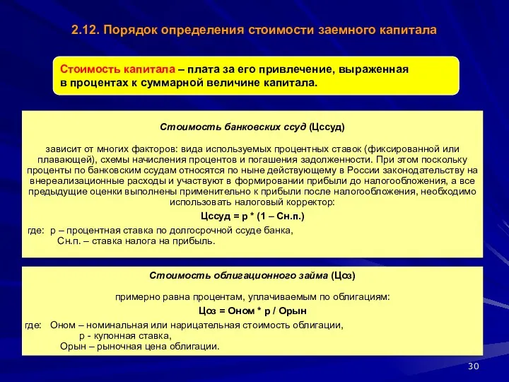 2.12. Порядок определения стоимости заемного капитала Стоимость капитала – плата