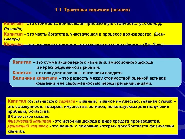 Капитал – это стоимость, приносящая прибавочную стоимость. (А.Смит, Д.Рикардо) Капитал