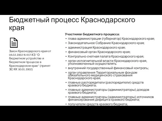 Бюджетный процесс Краснодарского края Участники бюджетного процесса: глава администрации (губернатор)