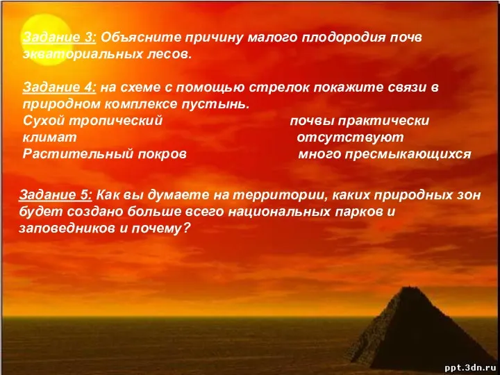 Задание 3: Объясните причину малого плодородия почв экваториальных лесов. Задание