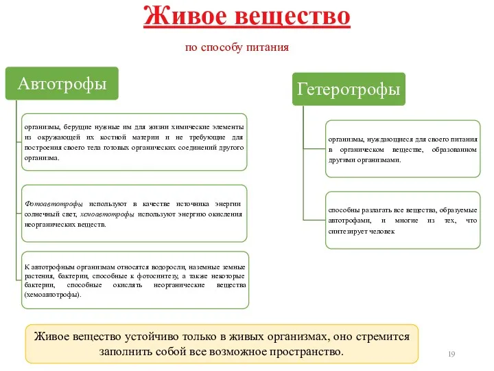 Живое вещество устойчиво только в живых организмах, оно стремится заполнить