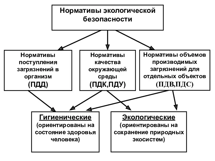 Нормативы экологической безопасности Нормативы качества окружающей среды (ПДК,ПДУ) Нормативы поступления загрязнений в организм