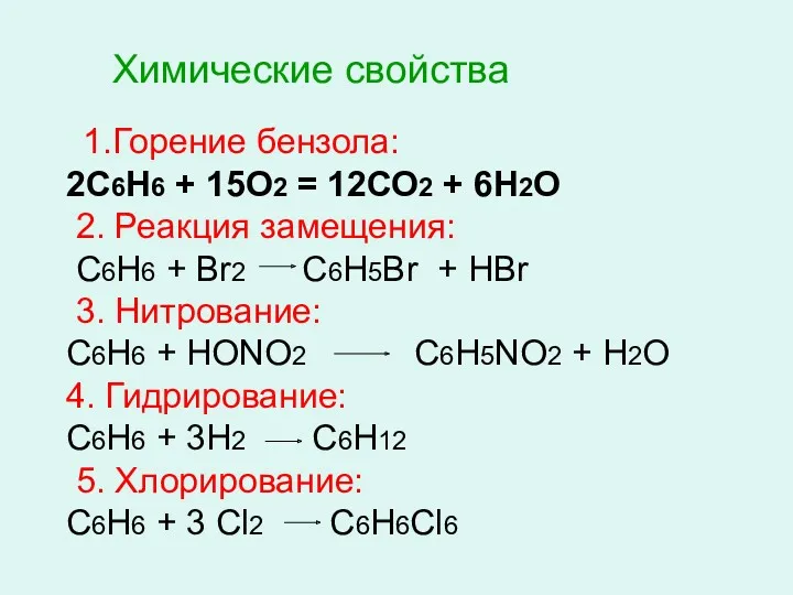 Химические свойства 1.Горение бензола: 2С6Н6 + 15О2 = 12СО2 +