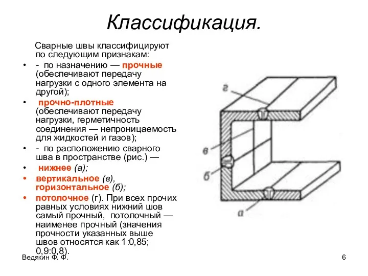 Ведякин Ф. Ф. Классификация. Сварные швы классифицируют по следующим признакам: