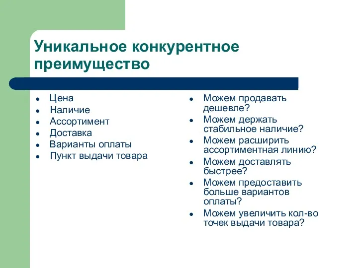 Уникальное конкурентное преимущество Цена Наличие Ассортимент Доставка Варианты оплаты Пункт