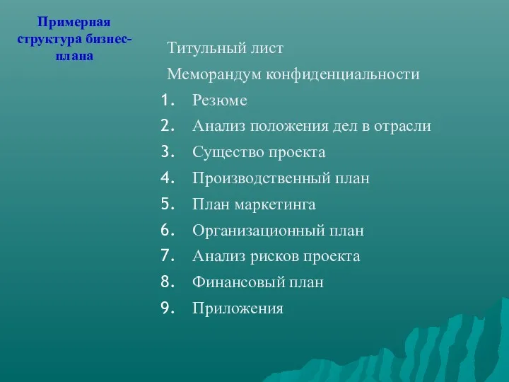 Титульный лист Меморандум конфиденциальности Резюме Анализ положения дел в отрасли Существо проекта Производственный