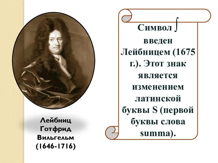 Лейбниц Готфрид Вильгельм (1646-1716) Символ ∫ введен Лейбницем (1675 г.).