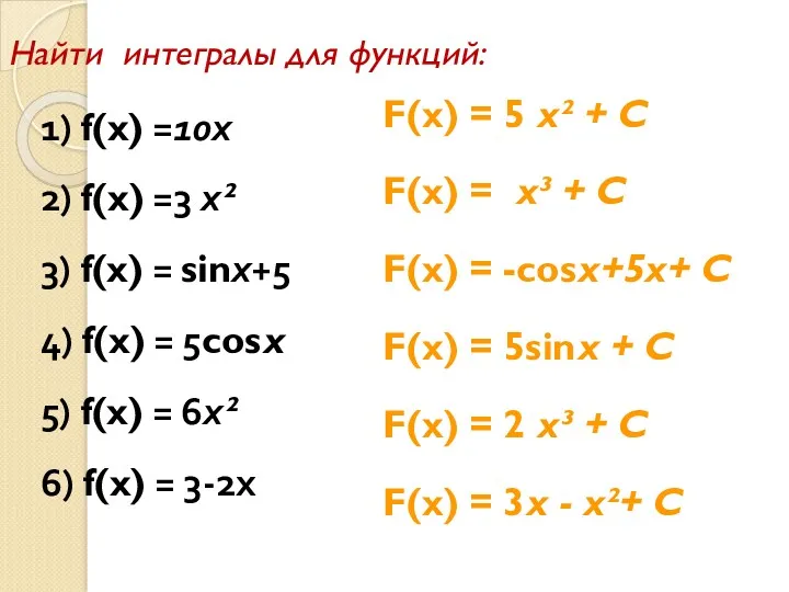 Найти интегралы для функций: F(x) = 5 х² + C