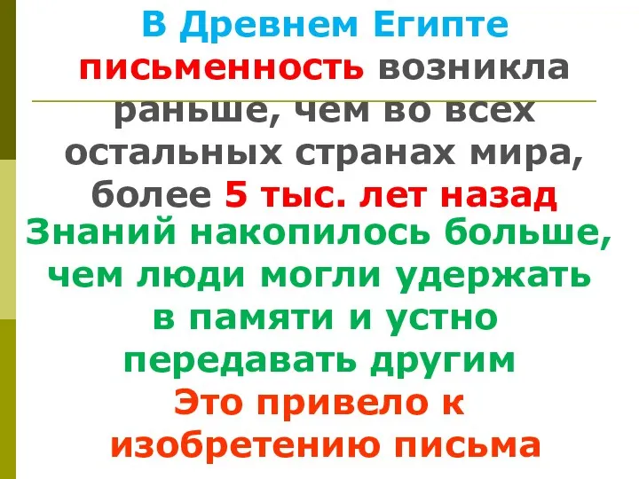 В Древнем Египте письменность возникла раньше, чем во всех остальных