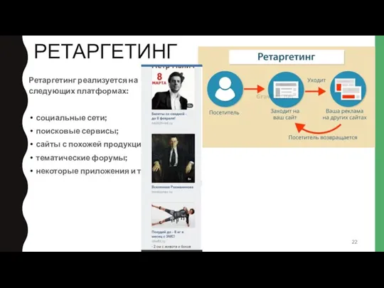 РЕТАРГЕТИНГ Ретаргетинг реализуется на следующих платформах: социальные сети; поисковые сервисы;