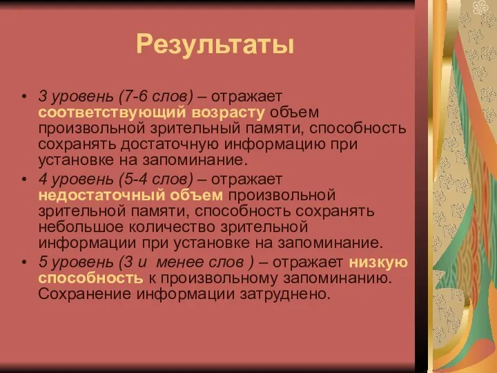 Результаты 3 уровень (7-6 слов) – отражает соответствующий возрасту объем