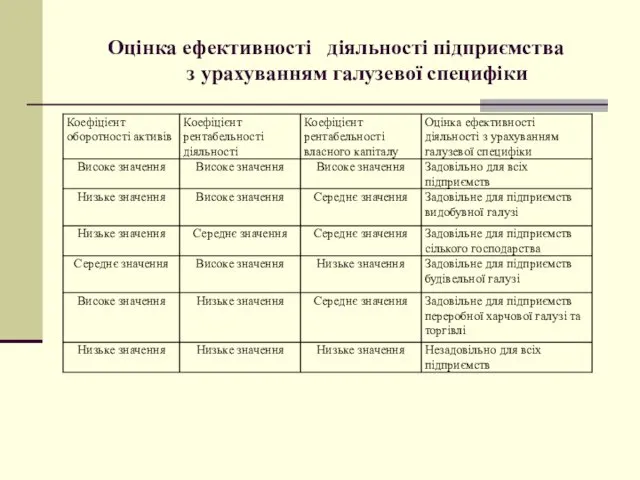 Оцінка ефективності діяльності підприємства з урахуванням галузевої специфіки