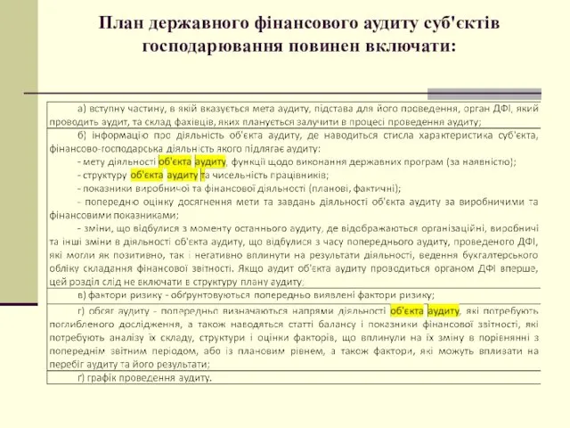 План державного фінансового аудиту суб'єктів господарювання повинен включати: