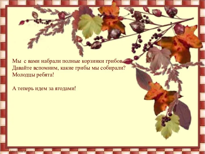 Мы с вами набрали полные корзинки грибов. Давайте вспомним, какие грибы мы собирали?