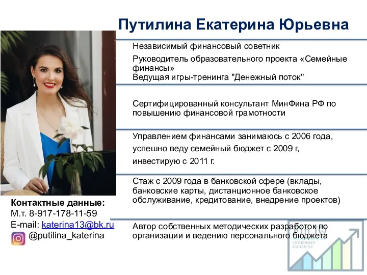 Путилина Екатерина Юрьевна Контактные данные: М.т. 8-917-178-11-59 E-mail: katerina13@bk.ru @putilina_katerina