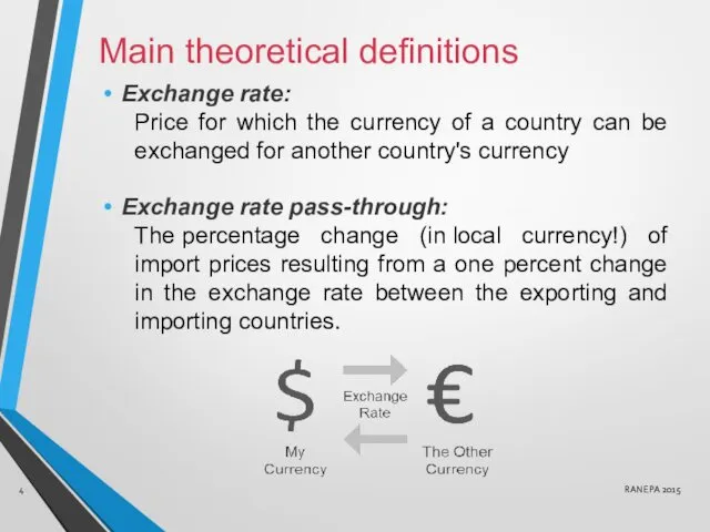 Main theoretical definitions Exchange rate: Price for which the currency