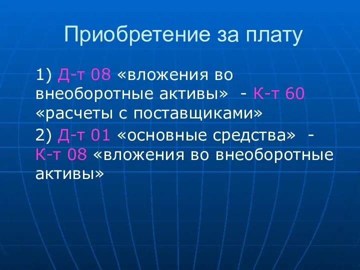 Приобретение за плату 1) Д-т 08 «вложения во внеоборотные активы»