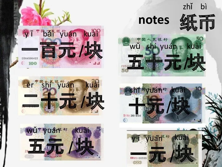 y ī bǎi yuán 一百元 wǔ shí yuán 五十元 èr shí yuán 二十元