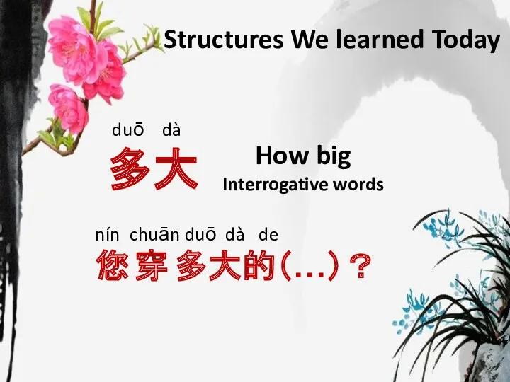 Structures We learned Today duō dà 多大 How big Interrogative words nín chuān