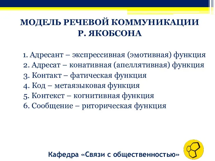 МОДЕЛЬ РЕЧЕВОЙ КОММУНИКАЦИИ Р. ЯКОБСОНА 1. Адресант – экспрессивная (эмотивная)