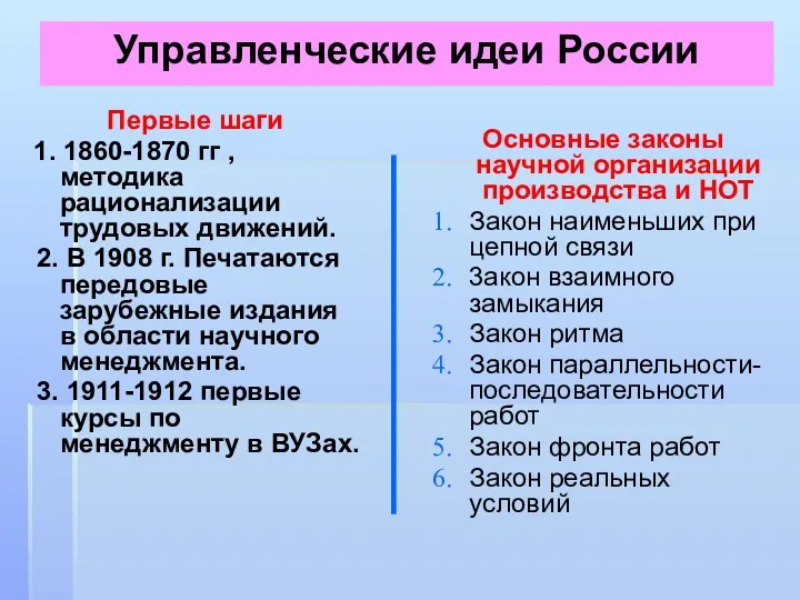 Управленческие идеи России Первые шаги 1. 1860-1870 гг , методика