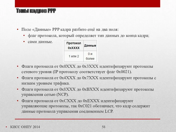 Типы кадров PPP КИСС ОНПУ 2014 Поле «Данные» PPP кадра