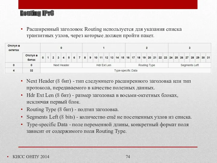 Routing IPv6 КИСС ОНПУ 2014 Расширенный заголовок Routing используется для