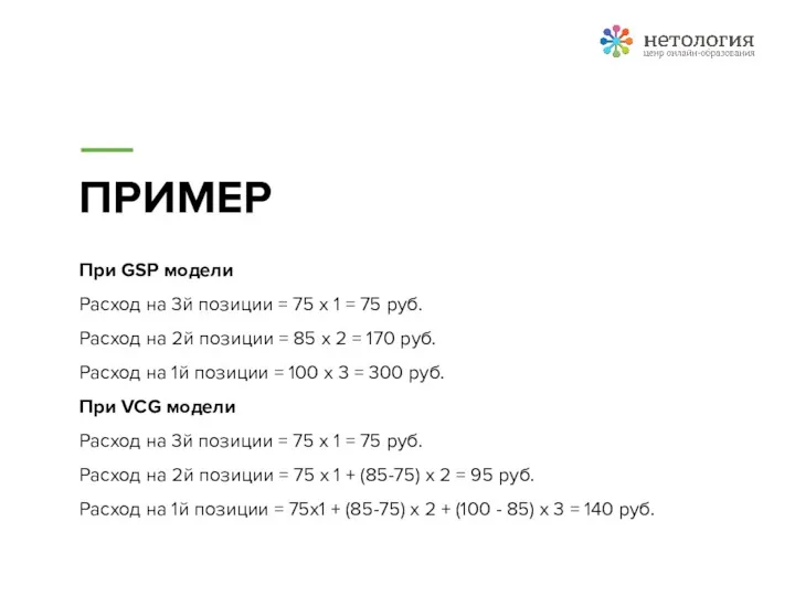 ПРИМЕР При GSP модели Расход на 3й позиции = 75