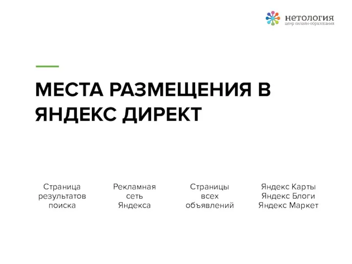 МЕСТА РАЗМЕЩЕНИЯ В ЯНДЕКС ДИРЕКТ Страница результатов поиска Рекламная сеть