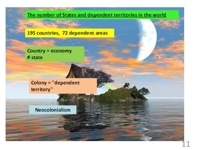 195 countries, 72 dependent areas Country = economy ≠ state The number of