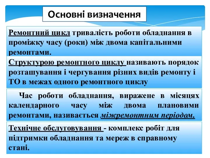 Основні визначення Ремонтний цикл тривалість роботи обладнання в проміжку часу (роки) між двома