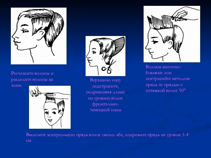 Верхнюю зону подстригите, подравнивая длину по уровню волос фронтально-теменной зоны Расчешите волосы и