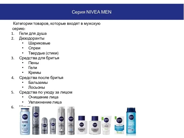 Серия NIVEA MEN Категории товаров, которые входят в мужскую серию: