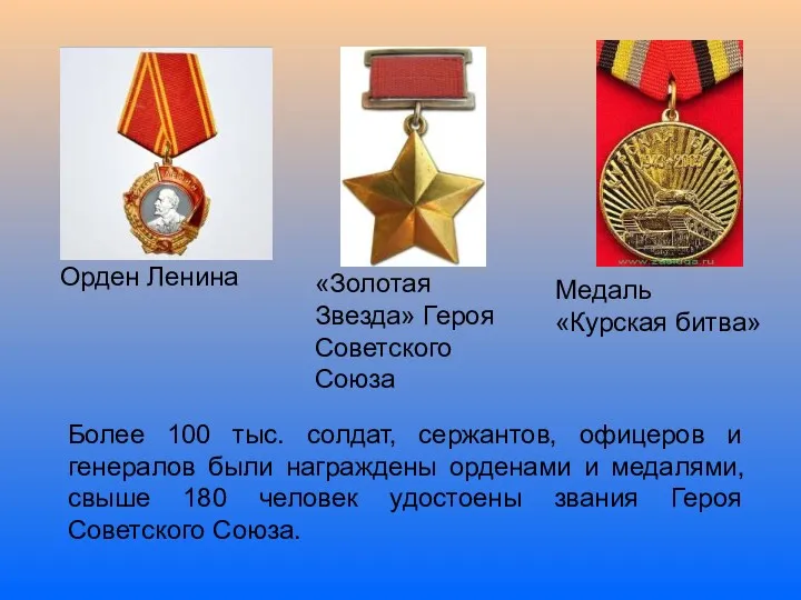 Орден Ленина «Золотая Звезда» Героя Советского Союза Более 100 тыс. солдат, сержантов, офицеров